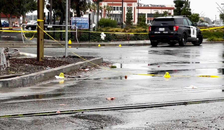 Evidence markers dot a large crime scene after an Oakland Police Department officer was killed on Dec. 29, 2023. (KRON4 image)