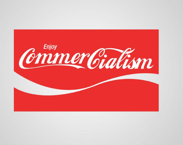 Kaum eine Marke steht so für "Kommerzialisierung" wie die weltbekannte Coca-Cola Company. Und weil der Markenname auch noch zwei "Cs" beinhaltet, wird das Logo bei Viktor Hertz folgerichtig zu "Commercialism". (Grafik: Viktor Hertz)