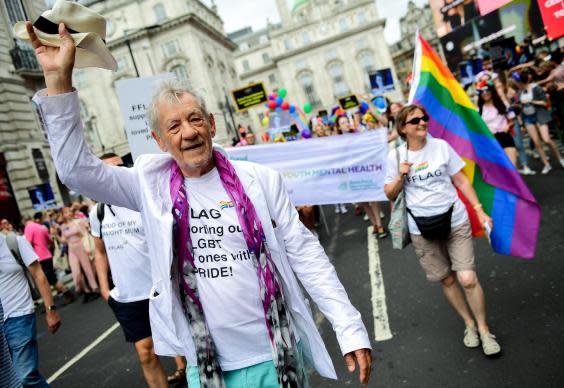 Sir Ian McKellen walking through Piccadilly Circus during Pride in London 2019. (Getty Images)