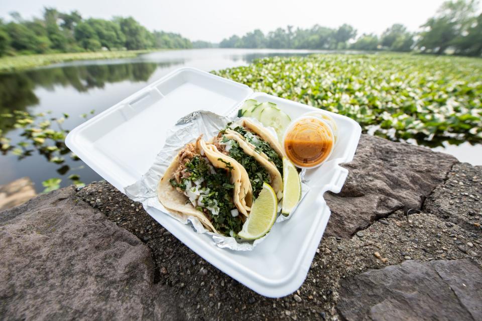 Order takeout from La Mexicana's taqueria, like these carnitas tacos, before heading over to Silver Lake in Bristol Township for an afternoon of kayaking.