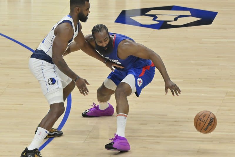 Los Angeles Clippers guard James Harden (L) scored 22 points in a loss to the Dallas Mavericks on Tuesday in Los Angeles. File Photo by Jim Ruymen/UPI