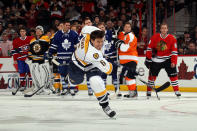 OTTAWA, ON - JANUARY 28: Shea Weber #6 of the Nashville Predators and team Alfredsson takes a shot during the Blackberry NHL Hardest Shot part of the 2012 Molson Canadian NHL All-Star Skills Competition at Scotiabank Place on January 28, 2012 in Ottawa, Ontario, Canada. (Photo by Bruce Bennett/Getty Images)