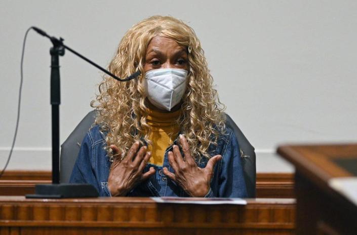 Cecile “Cookie” Simmons, sister of Cynthia Douglas, answers questions from Jackson County Prosecutor Jean Peters Baker during an evidentiary hearing for Kevin Strickland on Monday, Nov. 8, 2021 in Jackson County Circuit Court in Kansas City. Simmons described the night her sister was shot. Many people, including Jackson County Prosecutor Jean Peters Baker, believe Strickland was wrongly convicted of a triple murder in 1978. Douglas was a survivor and the lone eyewitness to the shooting.