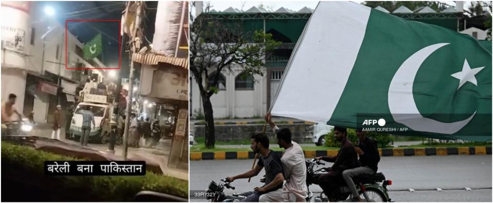 <span>Screenshot comparison of the flag in the video (left) and a picture of Pakistan's national flag from AFP's archives (right)</span>