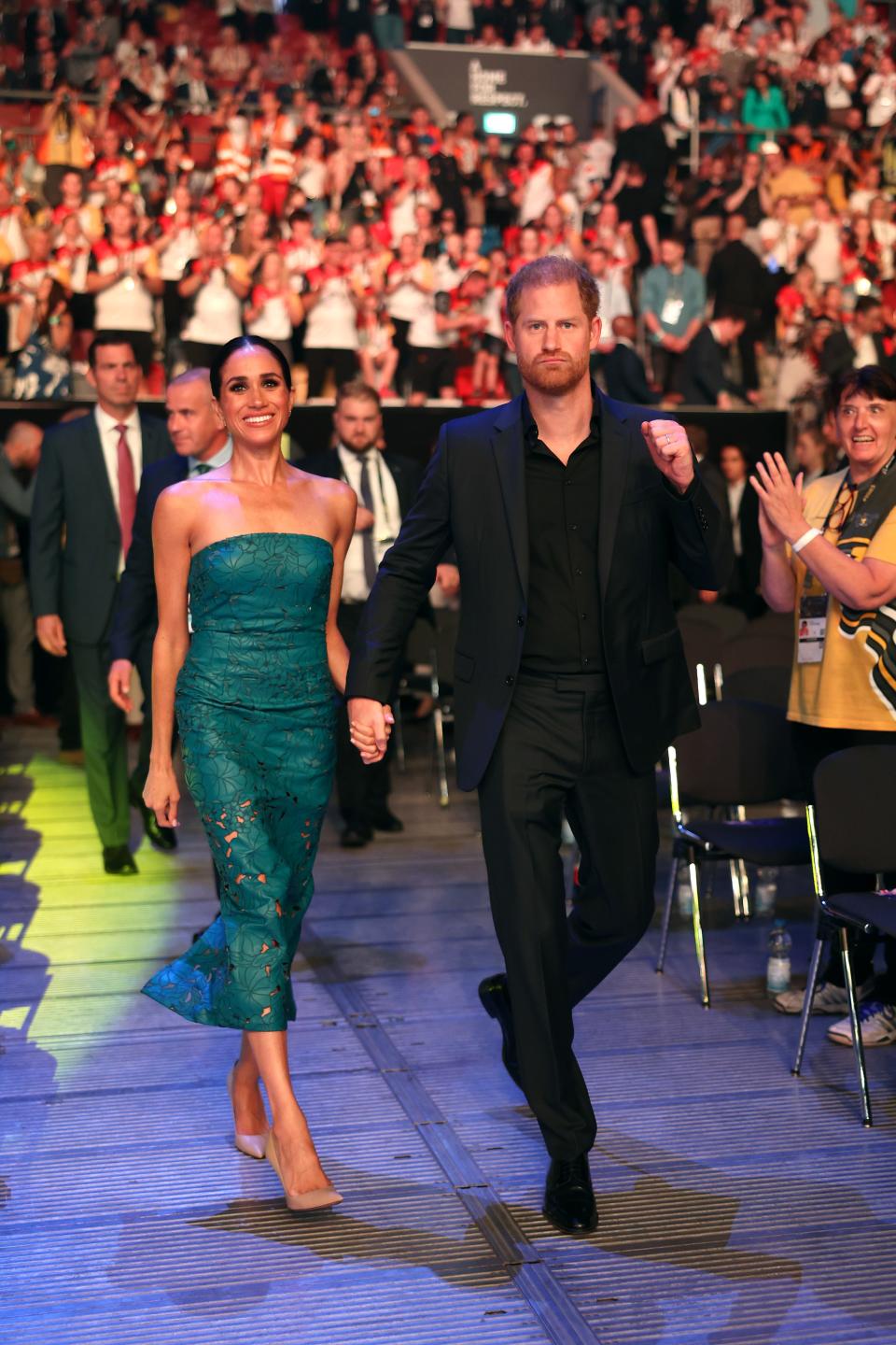 Prince Harry, Duke of Sussex, and Meghan, Duchess of Sussex, attend the closing ceremony of the Invictus Games Düsseldorf 2023 at Merkur Spiel-Arena on Sept. 16, 2023, in Duesseldorf, Germany.