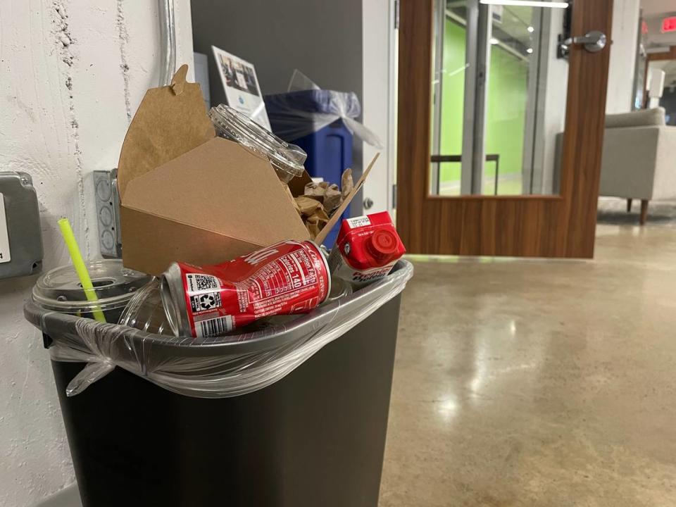 Trash piles up in the Bitwise 41 coworking space on the afternoon of Friday, June 2. Tenants in the coworking space say there have been no janitorial services in the building since news that Bitwise Industries was furloughing its entire staff.