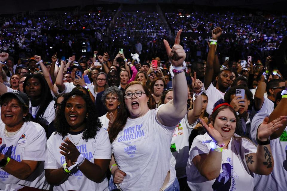 People react during Democratic presidential nominee and U.S. Vice President Kamala Harris' campaign rally in Charlotte, North Carolina, U.S., September 12, 2024. REUTERS/