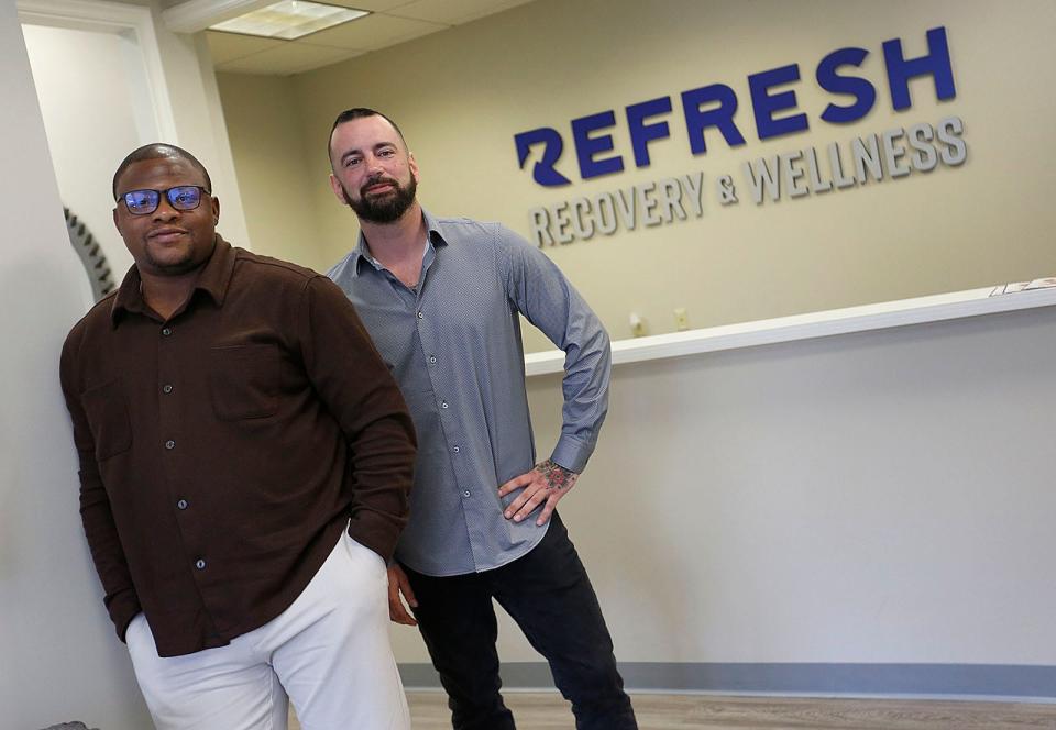 Refresh Recovery and Wellness co-owners Josh Williams and Jeff Chasen at their Washington Street, Norwell, offices. They founded the addiction treatment center along with Matt Kellicker.