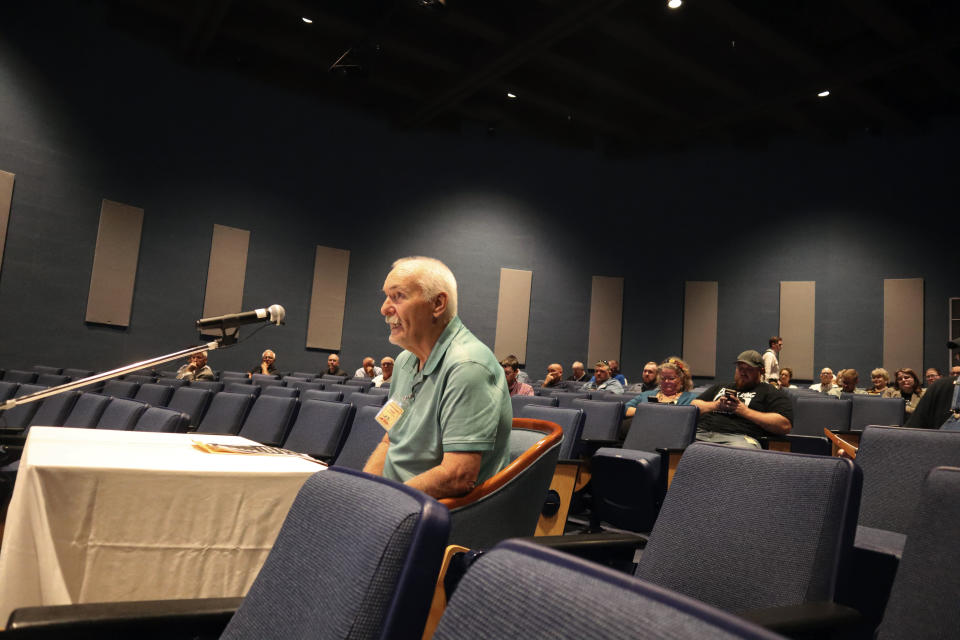 Retired West Virginia coal miner Terry Lilly, who has black lung, speaks during a public hearing hosted by the federal Mine Safety and Health Administration about its draft rule to limit worker exposure to silica dust at the agency's office in Beaver, W.Va. on Thursday, Aug. 10, 2023. (AP Photo/Leah Willingham)