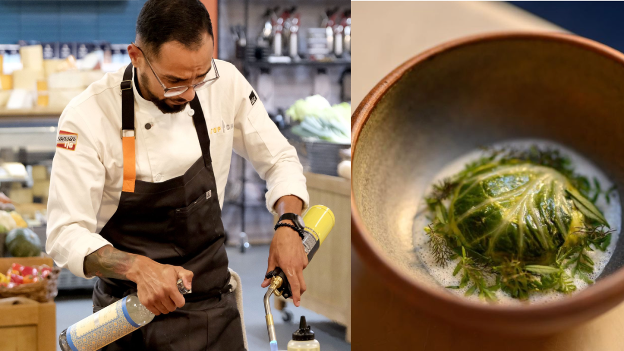 a man looking at a plant in a container