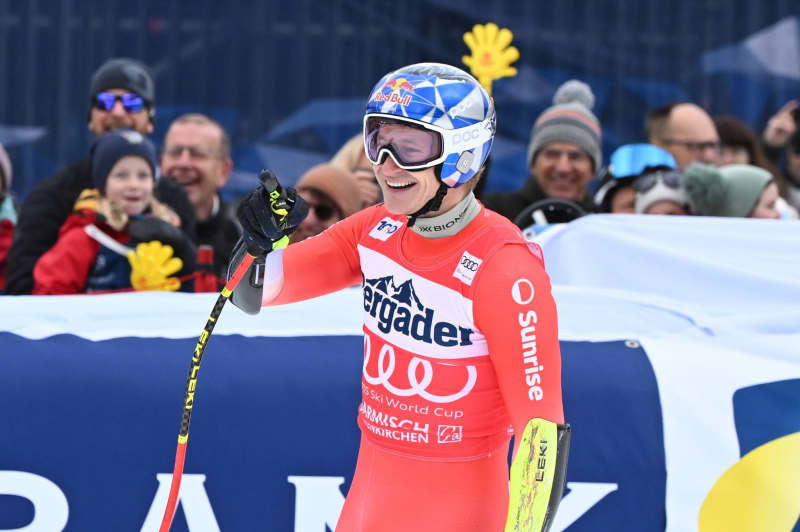 Switzerland's Marco Odermatt reacts after his run during the men's Super G event of the FIS Alpine Skiing World Cup in Garmisch-Partenkirchen. Angelika Warmuth/dpa