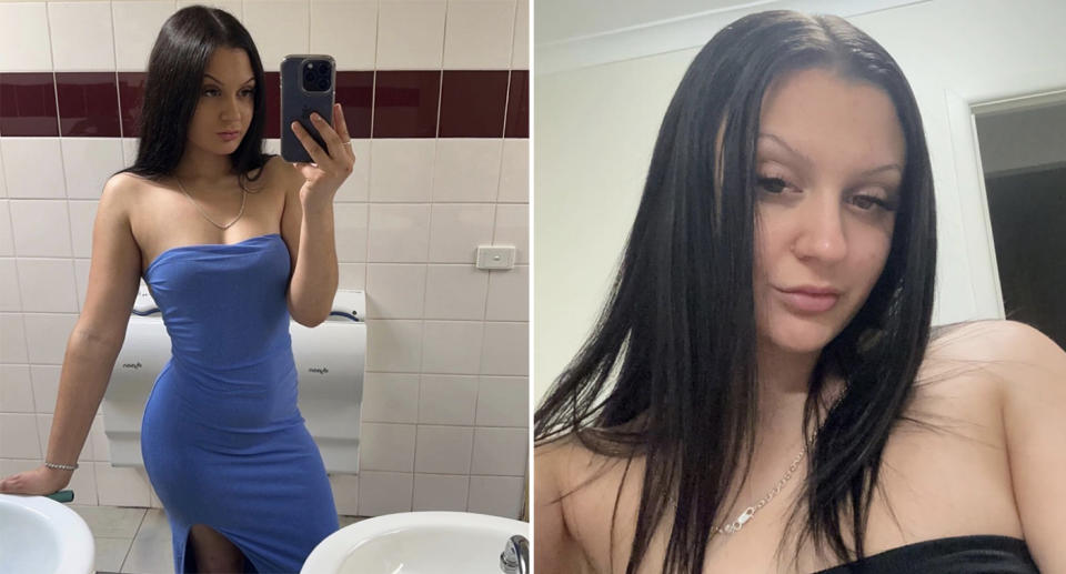 Lara Guglielmi takes a selfie in a bathroom mirror wearing a blue dress.