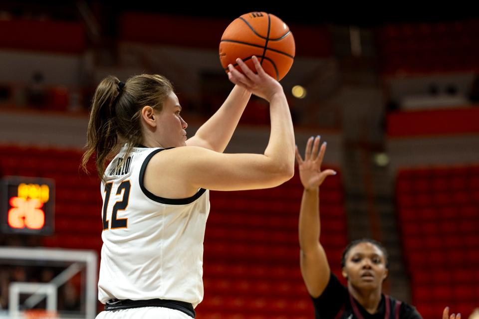 Oklahoma State 's Lior Garzon shoots the ball during the third quarter of a womenÕs college basketball game against Oklahoma Christian Tuesday, Oct. 31, 2023, in Stillwater, Okla. (Mitch Alcala for the Oklahoman)