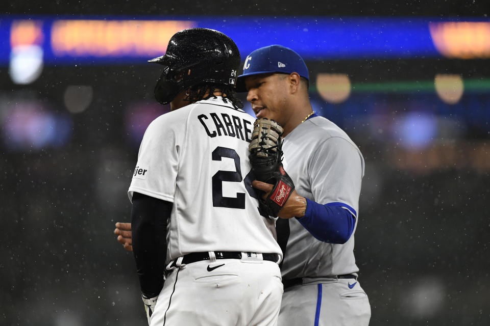 Kansas City Royals first baseman Salvador Perez, right, talks with Detroit Tigers designated hitter Miguel Cabrera, who had hit a single during the fourth inning of a baseball game Wednesday, Sept. 27, 2023, in Detroit. (AP Photo/Jose Juarez)