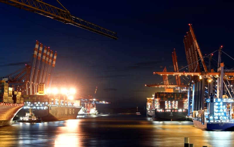 Container ships are loaded at a loading terminal in the port of Hamburg