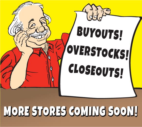 Cartoon image of Ollie's mascot holding a closeout sign.