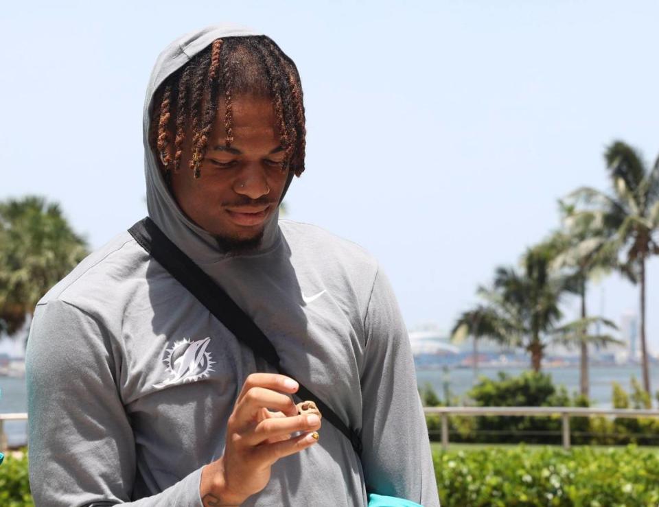 Erick Ezukanma, signed to the roster and member of the Miami Dolphins rookie class, participates in a historic walking tour of Downtown Miami with local community groups on Wednesday, June 15, 2022 beginning with tour leaders at the History Miami Museum. Ezukanma is one of players in the rookie class actually signed to the roster for this coming season.