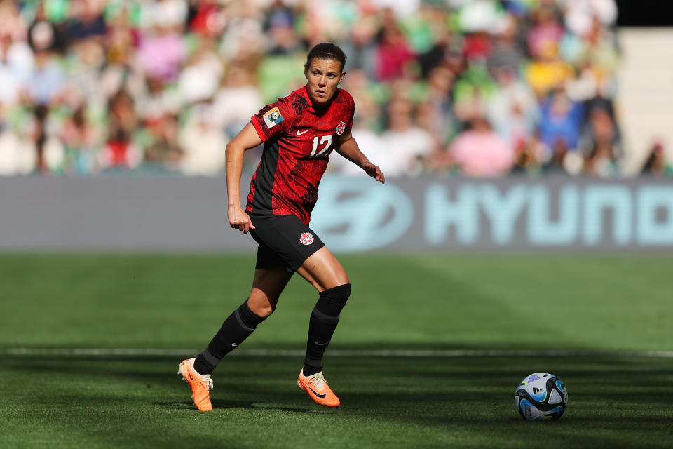 MELBOURNE, AUSTRALIA - JULY 21: Christine Sinclair of Canada in action during the FIFA Women's World Cup Australia & New Zealand 2023 Group B match between Nigeria and Canada at Melbourne Rectangular Stadium on July 21, 2023 in Melbourne, Australia. (Photo by Robert Cianflone/Getty Images)