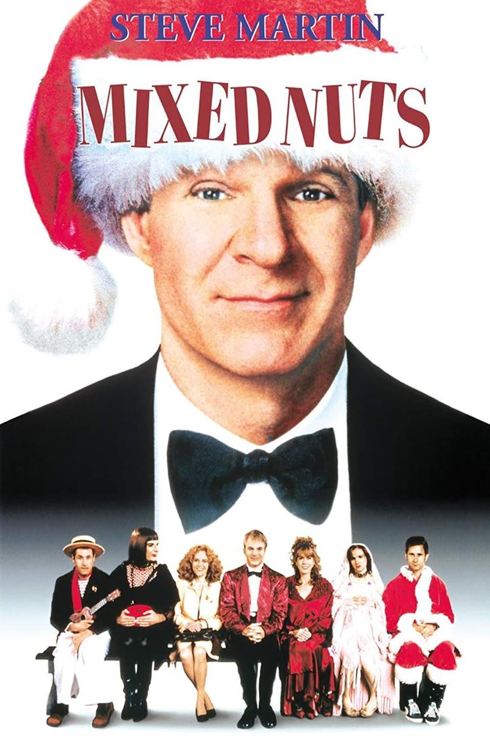 <p>This 1994 Nora Ephron dramedy stars Steve Martin as the director of a crisis hotline on Christmas Eve.</p><p><strong><a class="link " href="https://www.amazon.com/Mixed-Nuts-Caroline-Aaron/dp/B0094LSSZU/?tag=syn-yahoo-20&ascsubtag=%5Bartid%7C10067.g.38414559%5Bsrc%7Cyahoo-us" rel="nofollow noopener" target="_blank" data-ylk="slk:WATCH NOW;elm:context_link;itc:0;sec:content-canvas">WATCH NOW</a></strong></p>