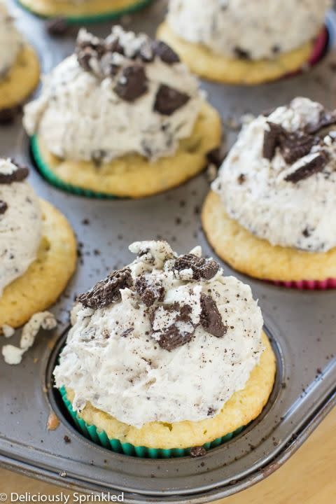 <p>A vanilla buttercream is peppered with crushed chocolate cookies, giving these cupcakes a classic cookies and cream flavor.</p><p><strong><a href="http://therecipecritic.com/2016/02/cookies-and-cream-cupcakes/" rel="nofollow noopener" target="_blank" data-ylk="slk:Get the recipe at The Recipe Critic.;elm:context_link;itc:0;sec:content-canvas" class="link ">Get the recipe at The Recipe Critic.</a></strong></p>