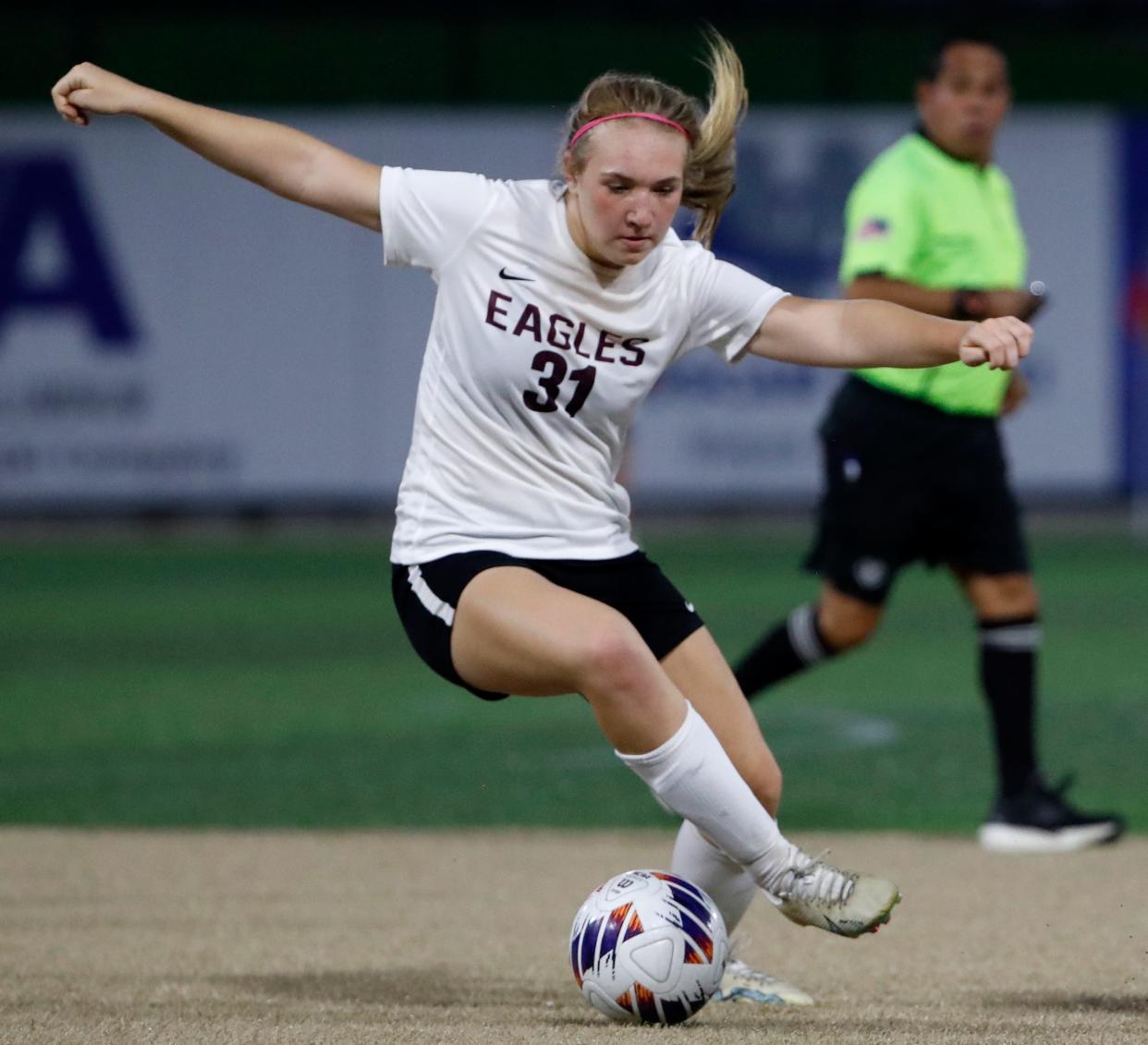 Faith Christian Eagles Johanna Haste (31) dribbles the ball during the IHSAA girl’s soccer game against the Lafayette Jeff Bronchos, Monday, July 17, 2023, at Loeb Stadium in Lafayette, Ind. Lafayette Jeff Bronchos won 5-4.