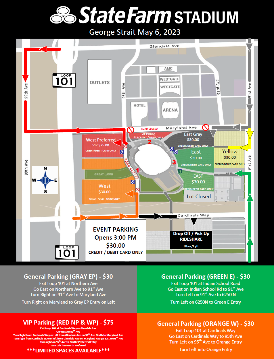 George Strait parking map for State Farm Stadium