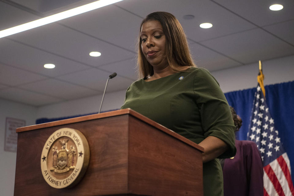 New York Attorney General Letitia James pauses during a press conference, Wednesday, Sept. 21, 2022, in New York. New York’s attorney general sued former President Donald Trump and his company on Wednesday, alleging business fraud involving some of their most prized assets, including properties in Manhattan, Chicago and Washington, D.C. (AP Photo/Brittainy Newman)