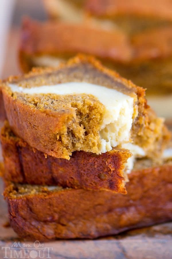 Go all out with autumn eating with this rich banana bread with creamy cheese in the middle. <a href="http://www.momontimeout.com/2015/09/pumpkin-cheesecake-banana-bread/" target="_blank">Get the recipe from Mom On Timeout here.</a>