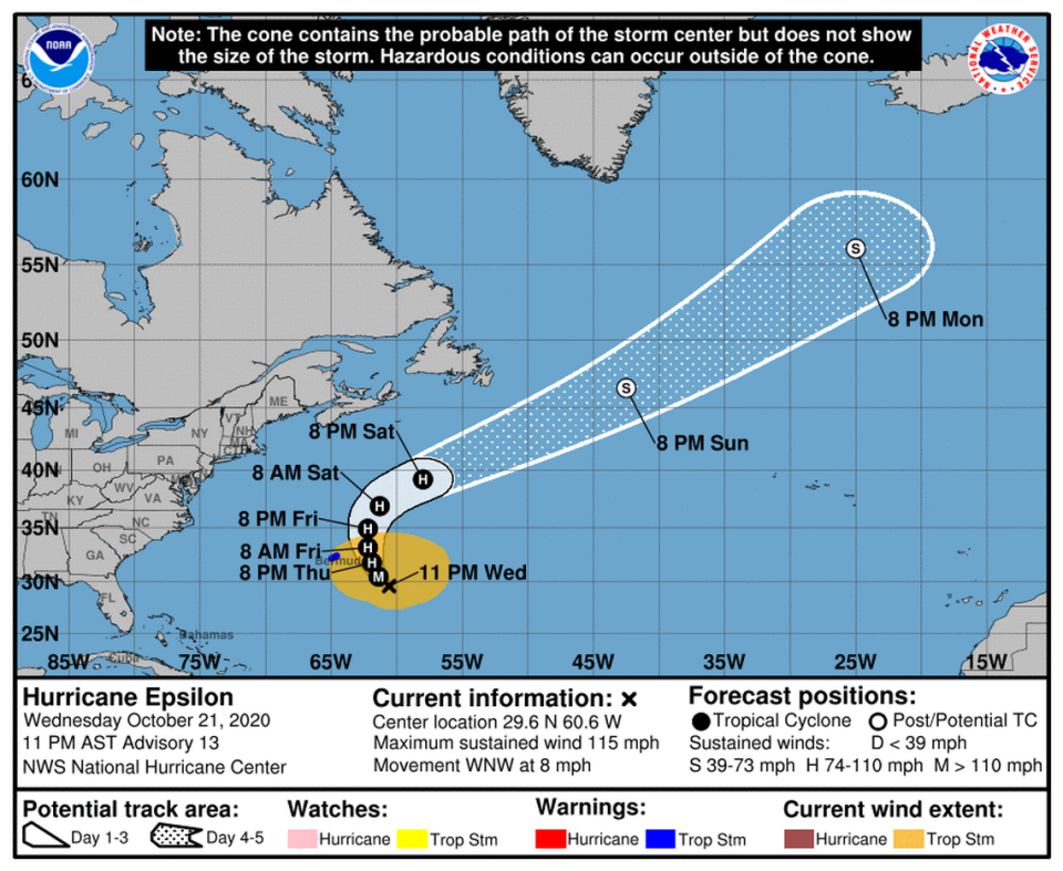 Hurricane Epsilon is now a Category 3 storm on track to pass east of Bermuda on Thursday.