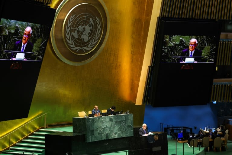 L'ambassadeur palestinien à l'ONU Riyad Mansour à la tribune de l'Assemblée générale des Nations unies, au siège de l'organisation à New York, le 10 mai 2024 (Charly TRIBALLEAU)