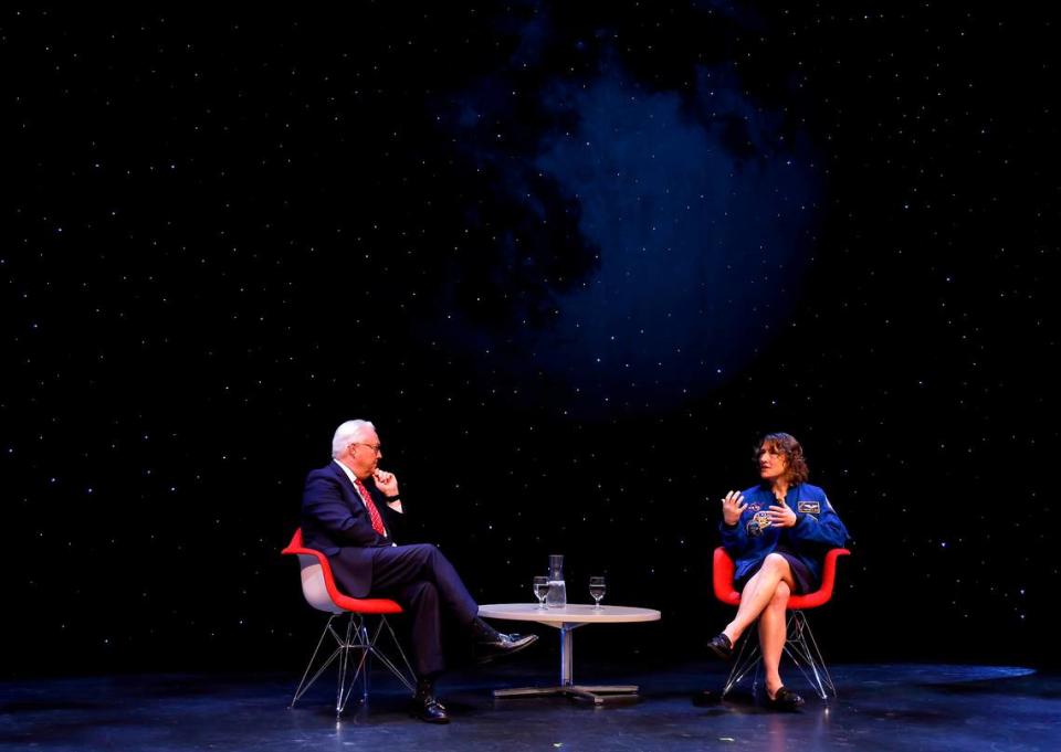 Christina Koch, a NASA astronaut and NC State alumna, speaks with NC State Chancellor Randy Woodson during his annual fall address on Monday, Oct. 23, 2023, in Talley Student Union’s Stewart Theater.
