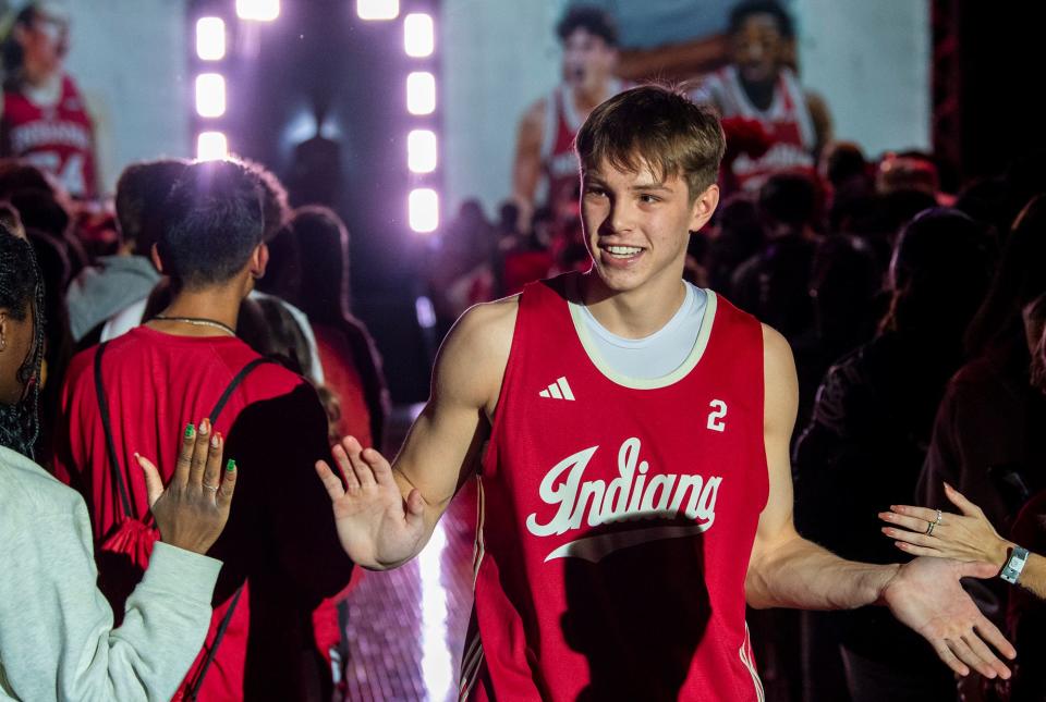 Indiana's Gabe Cupps is announced during Hoosier Hysteria at Simon Skjodt Assembly Hall on Friday, October 20, 2023.