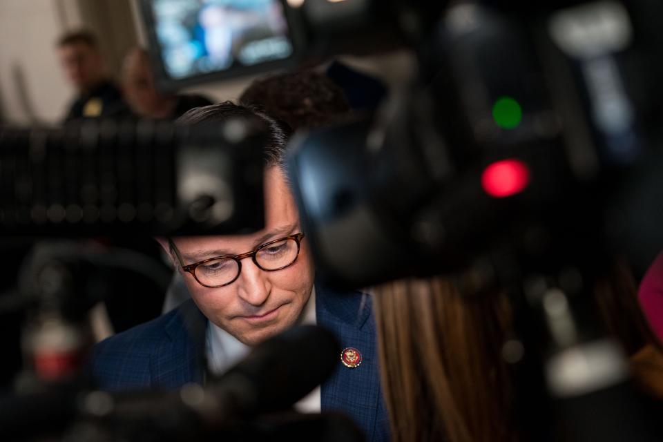 Rep. Mike Johnson (R-LA) speaks with members of the press as house lawmakers seek to elect a new speaker in Washington on Oct. 24, 2023. Speaker Kevin McCarthy was voted out of the job on Tuesday, Oct. 3, 2023 in a move led by a group of hardline House conservatives.