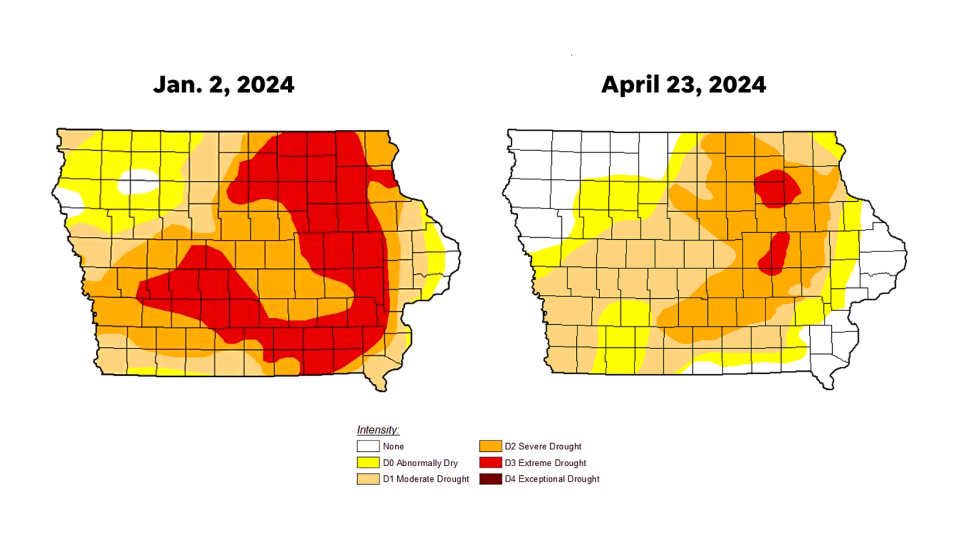 The U.S. Drought Monitor maps show drought in Iowa has dramatically declined since January.