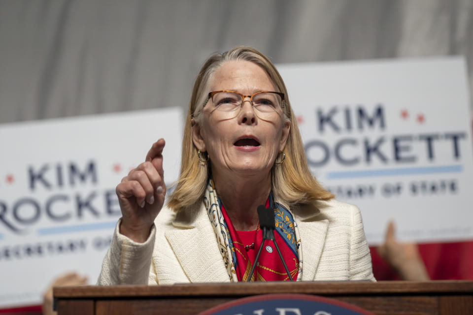 Kim Crockett speaks during the first day of the Minnesota State Republican Convention, Friday, May 13, 2022, at the Mayo Civic Center in. Rochester, Minn. (Glen Stubbe/Star Tribune via AP)