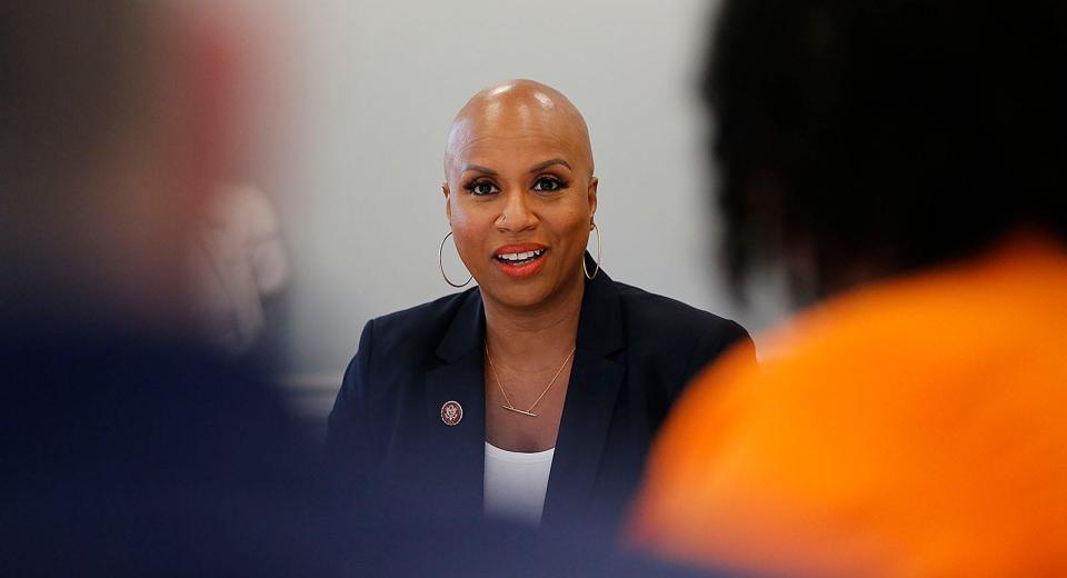 Congresswoman Ayanna Pressley meets with Randolph town officials on June 3, 2021.
