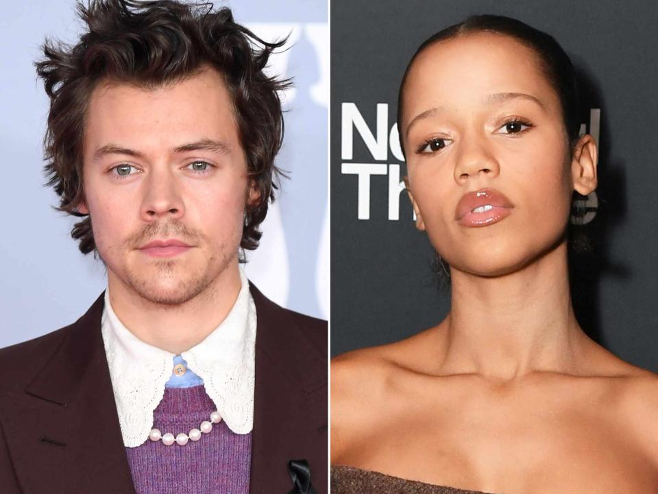 <p>Karwai Tang/WireImage ; David M. Benett/Jed Cullen/Dave Benett/Getty</p> Harry Styles at the 2020 The BRIT Awards; Taylor Russell at the after party for The National Theatre