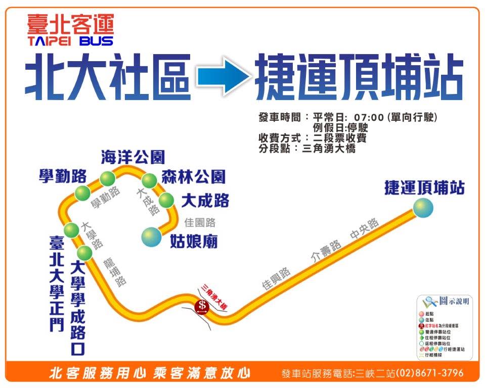 「北大社區-捷運頂埔站」直達車路線圖。   圖：台北客運提供