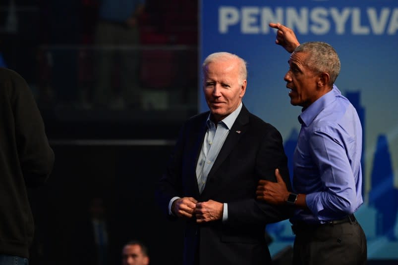 PHILADELPHIA, PA – NOVEMBER 05: Former U.S. President Barack Obama (R) and President Joe Biden rally for Pennsylvania Democratic Senate nominee John Fetterman and Democratic gubernatorial nominee Josh Shapiro at the Liacouras Center on November 5, 2022 in Philadelphia, Pennsylvania. Fetterman will face Republican nominee Dr. Mehmet Oz as Shapiro faces Republican Doug Mastriano on November 8 in the midterm general election. (Photo by Mark Makela/Getty Images)