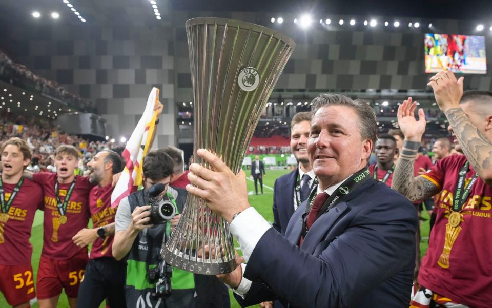 AS Roma President Dan Friedkin poses with trophy after the UEFA Conference League final match between AS Roma and Feyenoord at Arena Kombetare on May 25, 2022