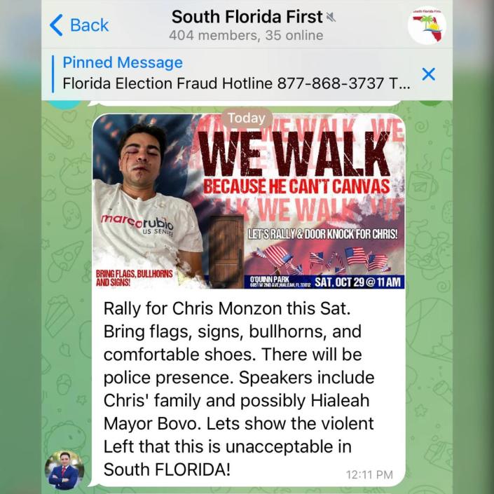 Capture d'écran de l'invitation WhatsApp pour une marche organisée pour Monzon