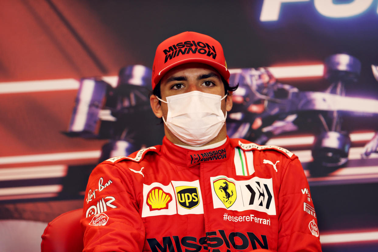 MONTE-CARLO, MONACO - MAY 23: Second placed Carlos Sainz of Spain and Ferrari talks in a press conference after the F1 Grand Prix of Monaco at Circuit de Monaco on May 23, 2021 in Monte-Carlo, Monaco. (Photo by Clive Rose/Getty Images)