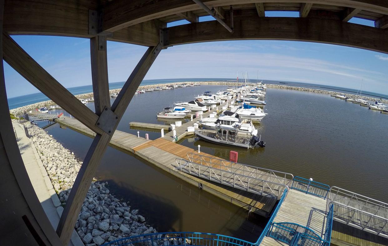 Boats in Sheboygan Marina slips, as seen, May 2015.