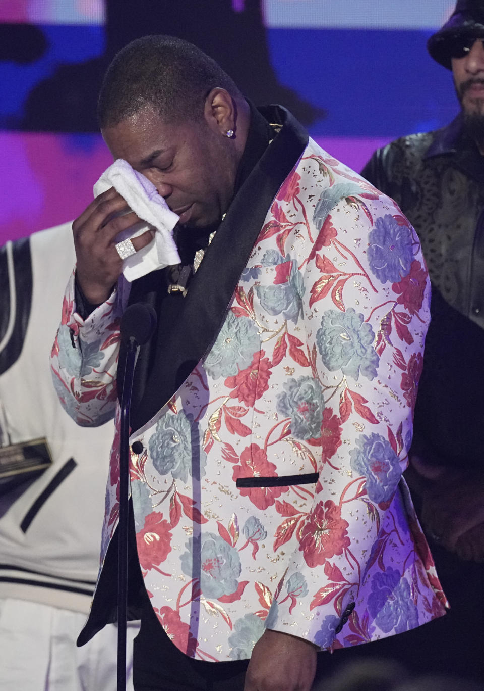Busta Rhymes reacts onstage as he accepts the lifetime achievement award at the BET Awards on Sunday, June 25, 2023, at the Microsoft Theater in Los Angeles. (AP Photo/Mark Terrill)