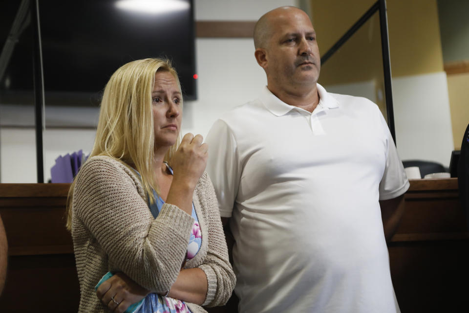 NORTH PORT, FL – SEPTEMBER 16: Tara Petito (L) and Joe Petito react as North Port Police Chief Todd Garrison speaks during a press conference for their missing daughter Gabby Petito on September 16, 2021 in North Port, Florida.  Gabby Petito went missing while on a cross-country ski trip with her boyfriend Brian Laundrie and has not been seen or heard from since late August.  Police said there is no evidence of crime at this time, but her fiancé, Brian Laundrie, has declined to speak to police.  Laundrie has been identified as a person of interest, but investigators are solely focused on finding Petito.  (Photo by Octavio Jones/Getty Images)