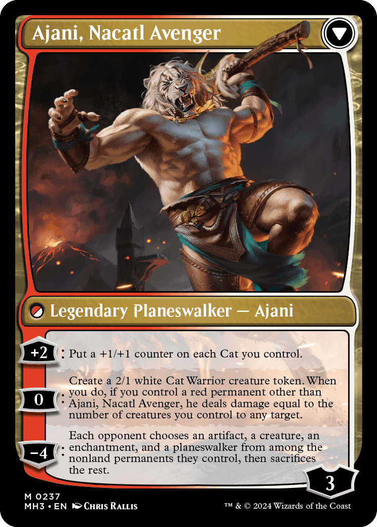 Ajani Nacatl Pariah legendary creature from MTG Modern Horizons 3. Two musclebound anthropomorphic lions appear in the card art.