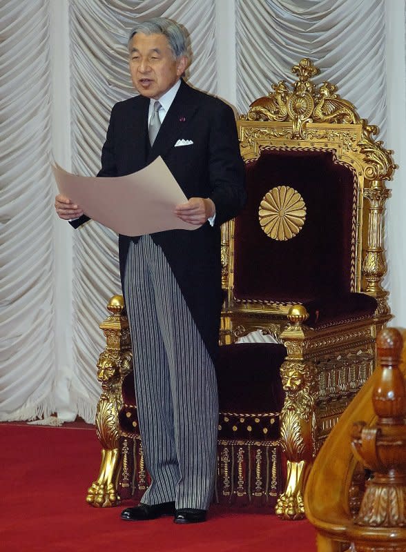 Japanese Emperor Akihito officially declares the opening of the Extraordinary Diet session in Tokyo on September 28, 2006. On November 12, 1990, Akihito was installed as the 125th emperor of Japan. File Photo by Keizo Mori/UPI