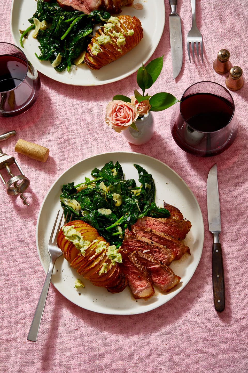 <p>Dinner ideas for two don't get any better than this show-stopping steakhouse-style meal. It won't take you more than an hour (really!) and is so much more special when you make it yourself. </p><p><em><a href="https://www.goodhousekeeping.com/food-recipes/a29760253/new-york-strip-steak-recipe/" rel="nofollow noopener" target="_blank" data-ylk="slk:Get the recipe for New York Strip »;elm:context_link;itc:0;sec:content-canvas" class="link ">Get the recipe for New York Strip »</a></em></p><p><em><a href="https://www.goodhousekeeping.com/food-recipes/easy/a29760321/hasselback-potatoes-recipe/" rel="nofollow noopener" target="_blank" data-ylk="slk:Get the recipe for Hasselback Potatoes »;elm:context_link;itc:0;sec:content-canvas" class="link ">Get the recipe for Hasselback Potatoes »</a></em></p><p><em><a href="https://www.goodhousekeeping.com/food-recipes/a5985/sauteed-spinach-garlic-lemon-ghk0108/" rel="nofollow noopener" target="_blank" data-ylk="slk:Get the recipe for Garlicky Spinach »;elm:context_link;itc:0;sec:content-canvas" class="link ">Get the recipe for Garlicky Spinach » </a></em></p>