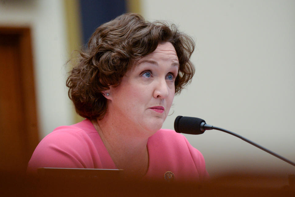 Rep. Katie Porter participates in a House Financial Services Committee hearing with Facebook Chairman and CEO Mark Zuckerberg in 2019. (Erin Scott/Reuters)