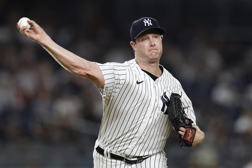 FILE -New York Yankees pitcher Gerrit Cole (45) in action against the Detroit Tigers during the fifth inning of a baseball game Tuesday, Sept. 5, 2023, in New York. Gerrit Cole was a unanimous winner of his first American League Cy Young Award on Wednesday, Nov. 15, 2023 and Blake Snell took the NL honor in becoming the seventh hurler to earn baseball’s top pitching prize in both leagues.(AP Photo/Adam Hunger, File)